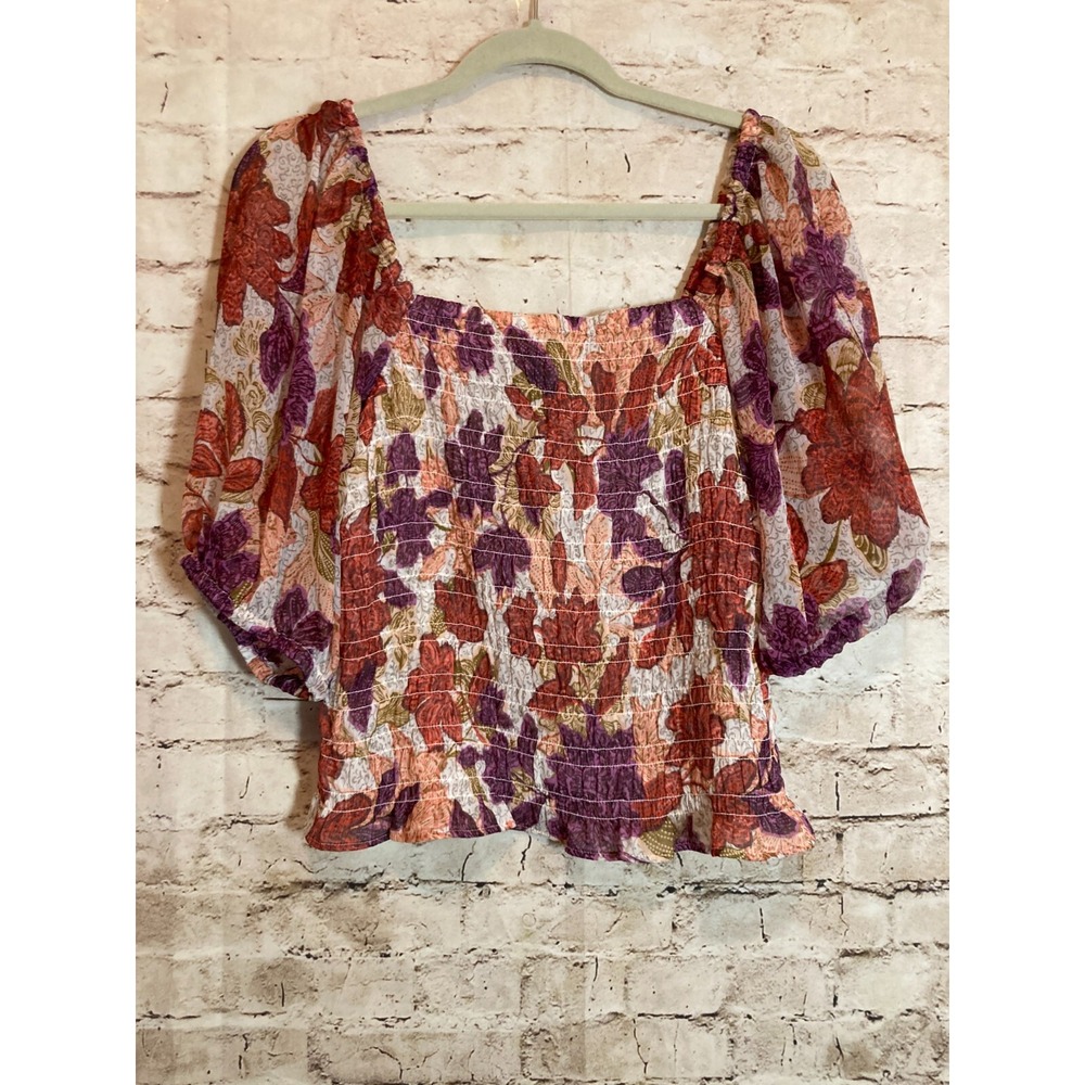 Old Navy Floral Smocked Crop Top Womens Large Puff Sleeve Boho Blouse Multicolor